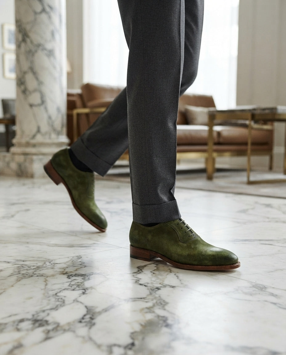 Green Patina Calf Libeccio Whole Cut Oxford with Natural Leather Sole – lifestyle