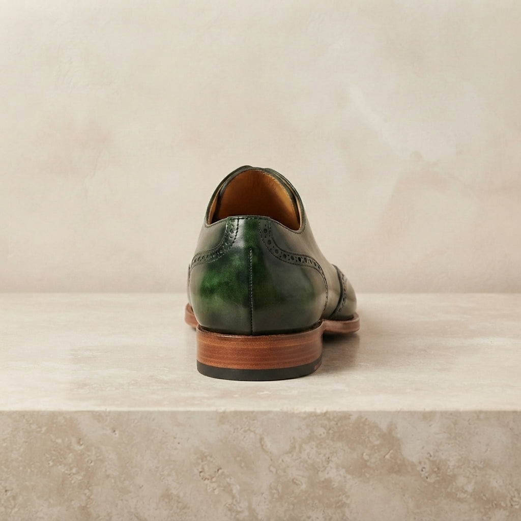 Height Increasing Green Patina Calf Libeccio Whole Cut Oxford with Natural Leather Sole - 3 Inch Hidden Heel – heel view