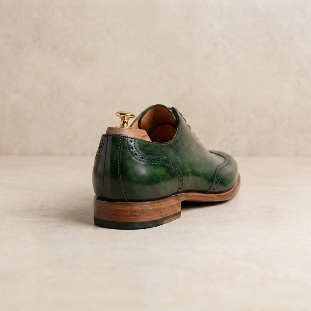 Green Patina Calf Libeccio Whole Cut Oxford with Natural Leather Sole – heel view