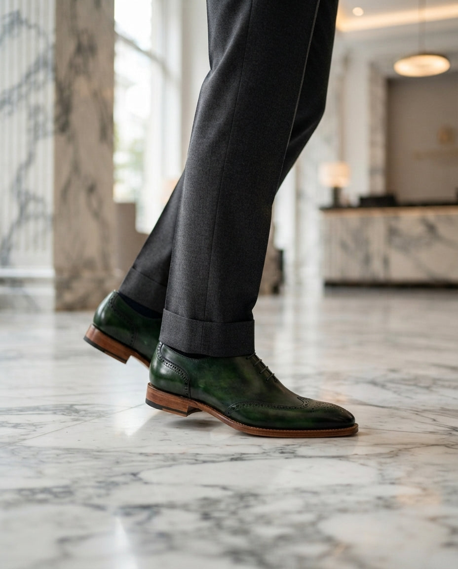 Green Patina Calf Libeccio Whole Cut Oxford with Natural Leather Sole – lifestyle