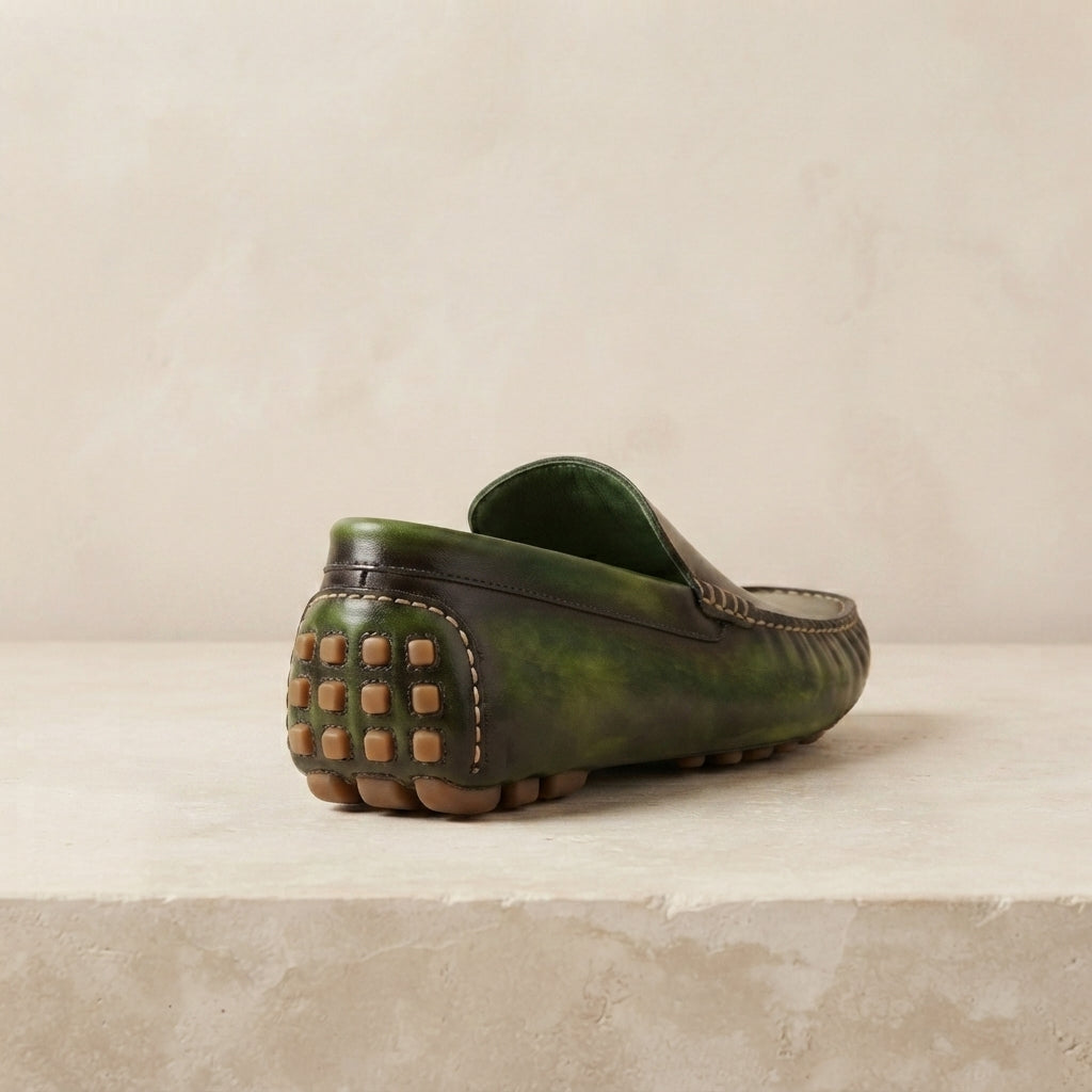 Height Increasing Green Patina Calf Ponente Driving Shoe with Pebble Rubber Sole - 3 Inch Hidden Heel – heel view