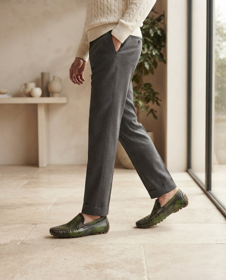 Height Increasing Green Patina Calf Ponente Driving Shoe with Pebble Rubber Sole - 3 Inch Hidden Heel – lifestyle