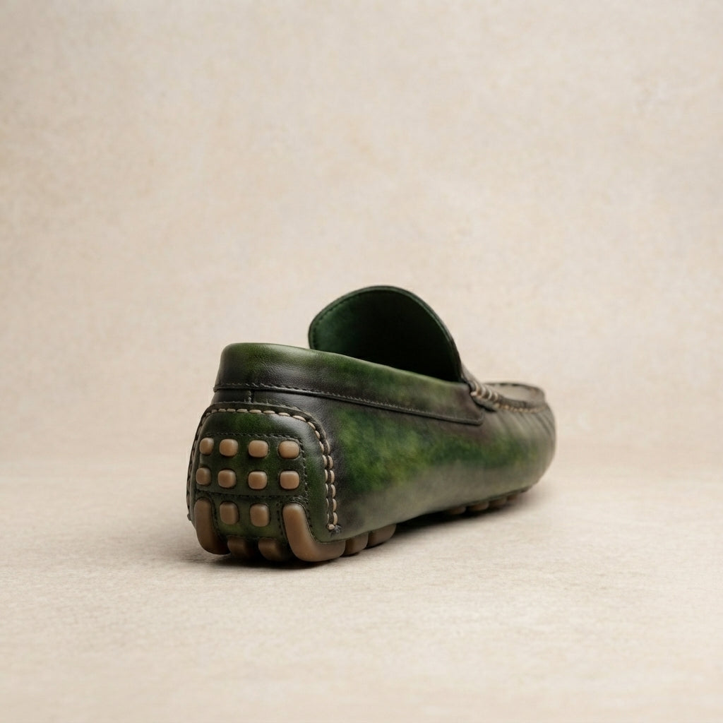 Green Patina Calf Ponente Driving Shoe with Pebble Rubber Sole – heel view