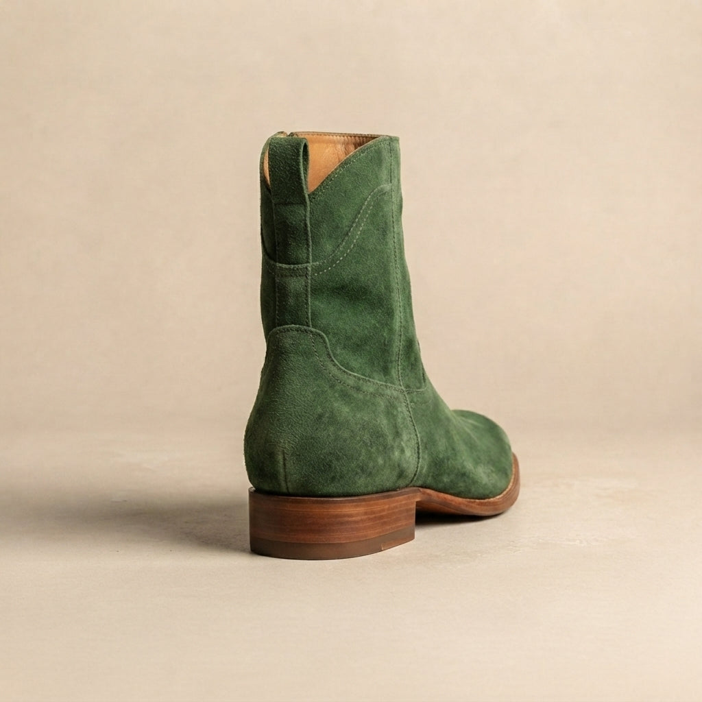Height Increasing Green Patina Calf Scirocco Boot with Natural Leather Sole - 3 Inch Hidden Heel – heel view