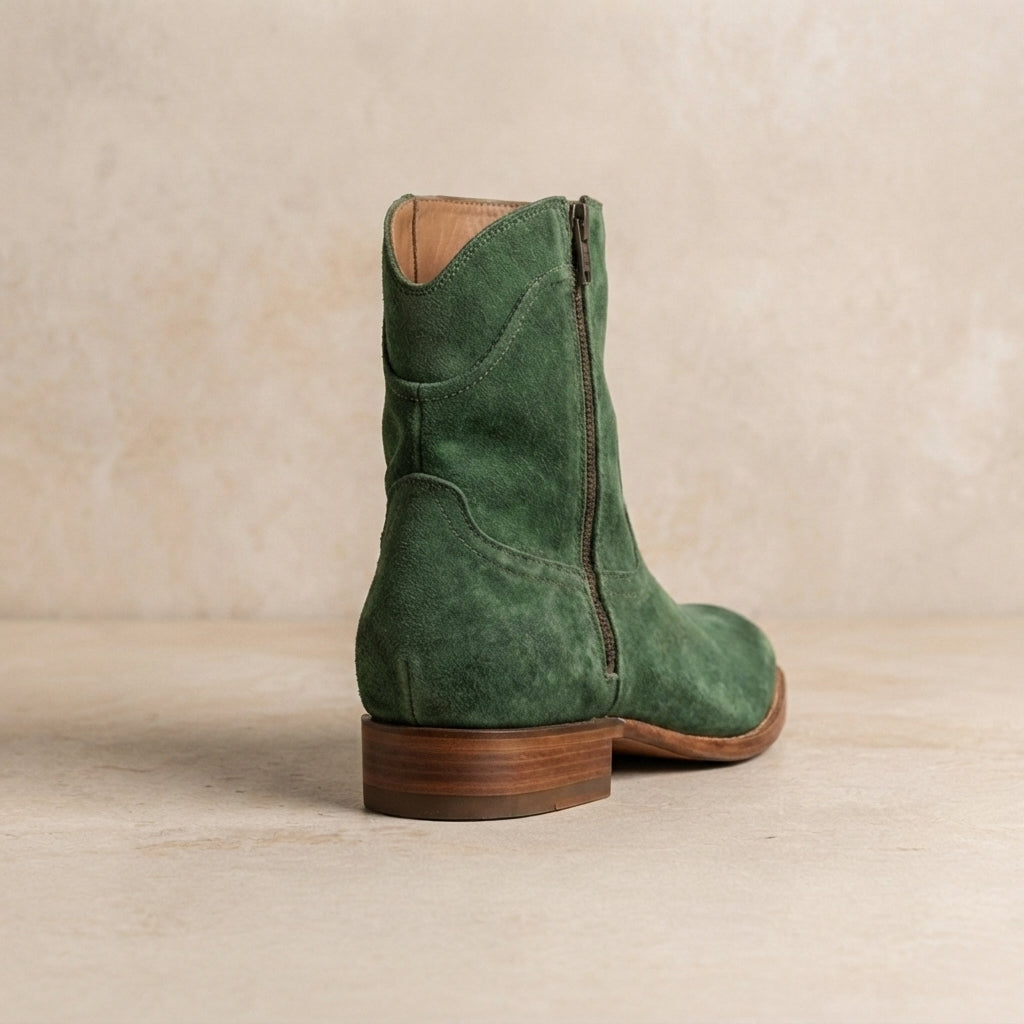 Green Patina Calf Scirocco Boot with Natural Leather Sole – heel view