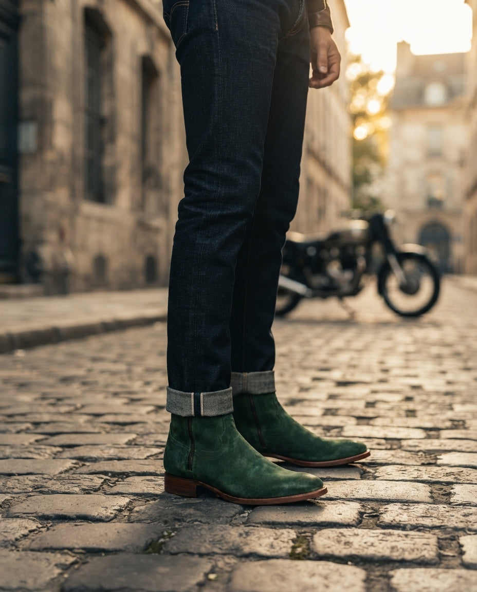 Green Patina Calf Scirocco Boot with Natural Leather Sole – lifestyle