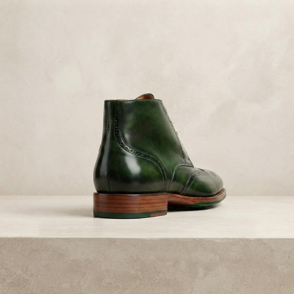 Height Increasing Green Patina Calf Scirocco Boot with Natural Leather Sole - 3 Inch Hidden Heel – heel view