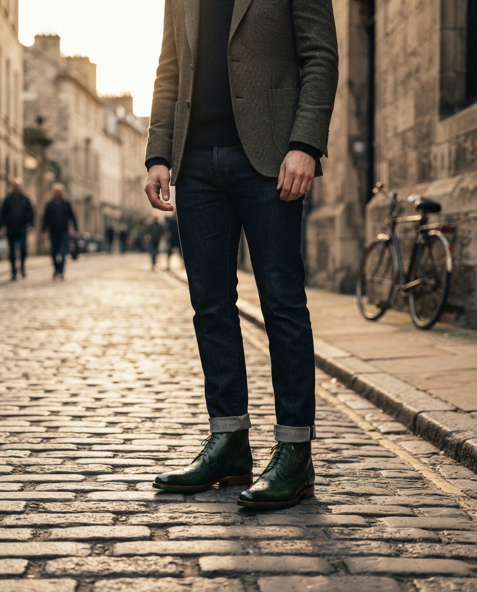 Height Increasing Green Patina Calf Scirocco Boot with Natural Leather Sole - 3 Inch Hidden Heel – lifestyle