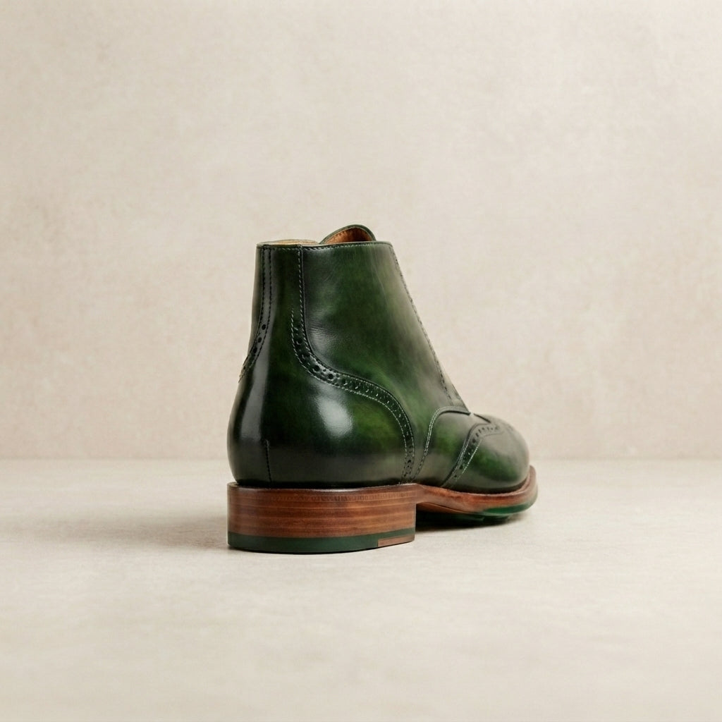 Green Patina Calf Scirocco Boot with Natural Leather Sole – heel view