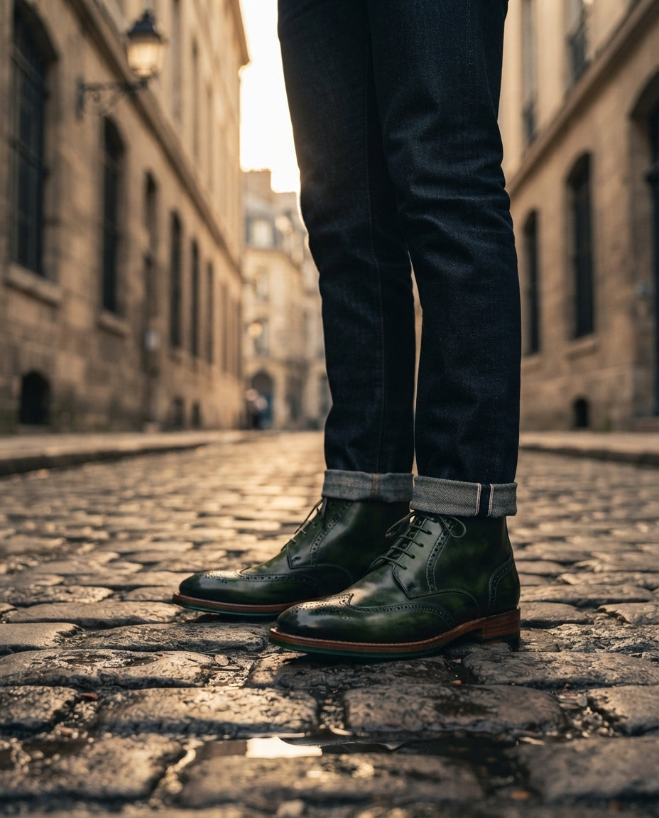 Green Patina Calf Scirocco Boot with Natural Leather Sole – lifestyle
