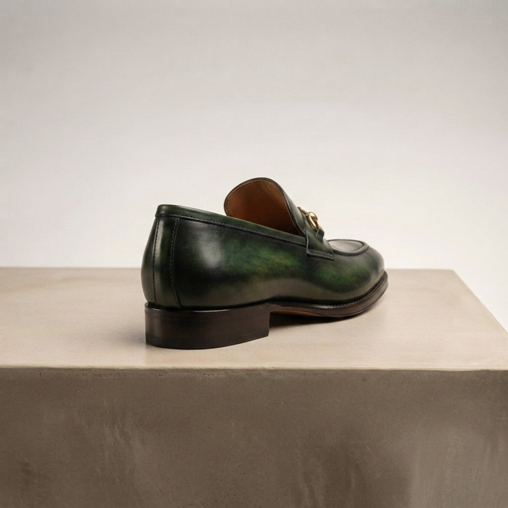 Height Increasing Green Patina Calf Solaro Horse Bit Loafer with Natural Leather Sole - 3 Inch Hidden Heel – heel view