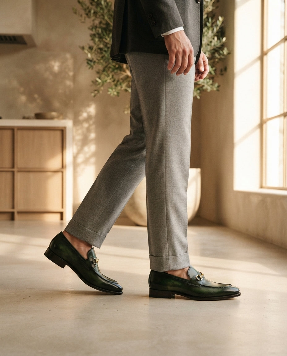 Height Increasing Green Patina Calf Solaro Horse Bit Loafer with Natural Leather Sole - 3 Inch Hidden Heel – lifestyle