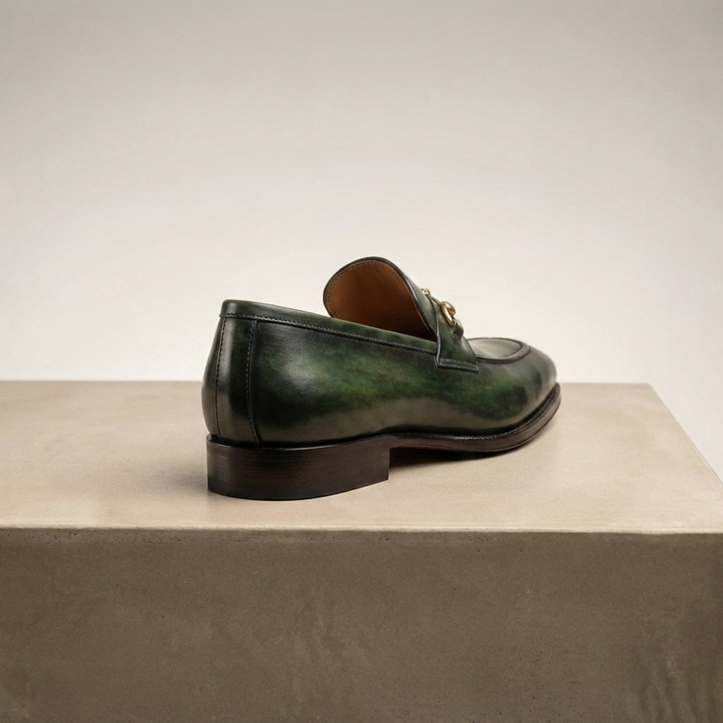 Green Patina Calf Solaro Horse Bit Loafer with Natural Leather Sole – heel view