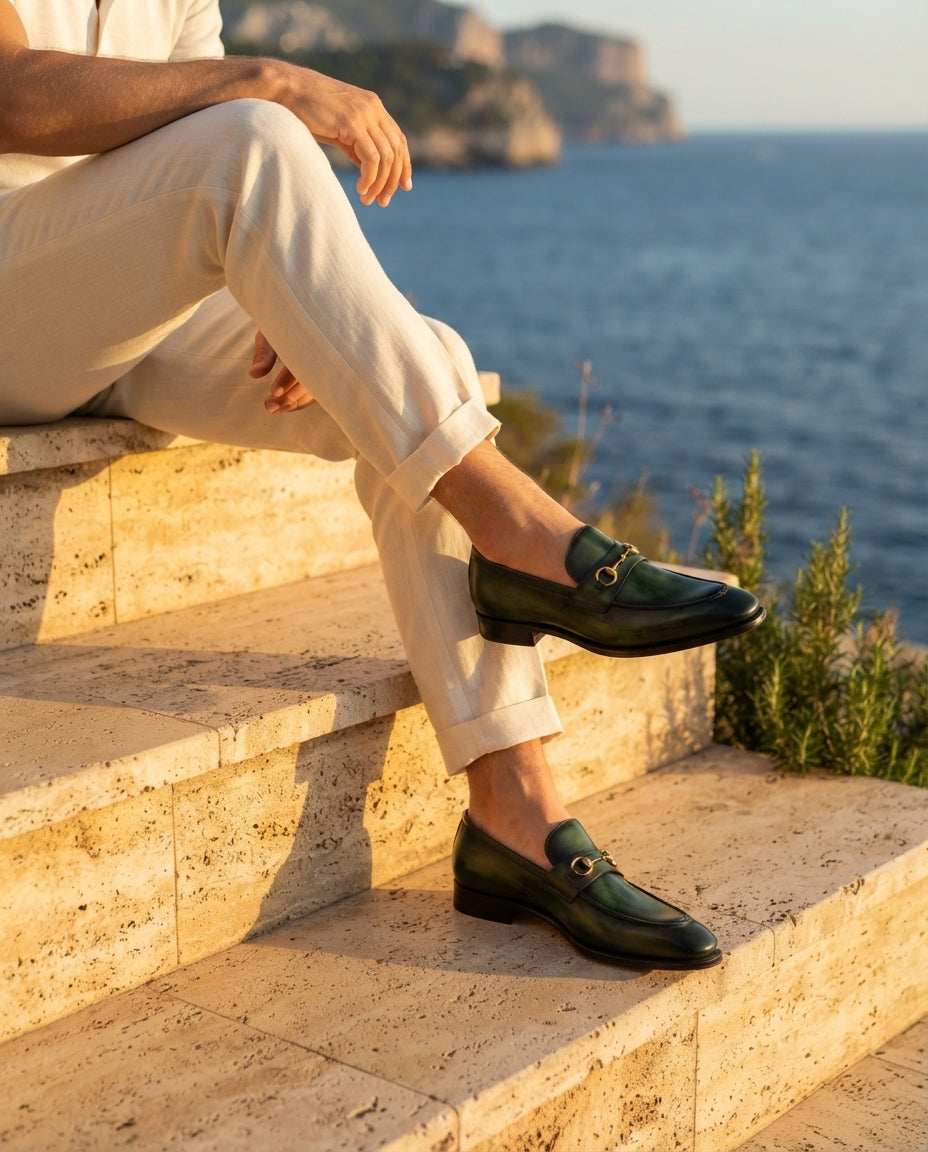 Green Patina Calf Solaro Horse Bit Loafer with Natural Leather Sole – lifestyle