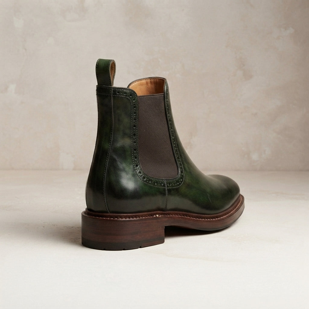 Height Increasing Green Patina Calf Tramontana Chelsea Boot with Natural Leather Sole - 3 Inch Hidden Heel – heel view