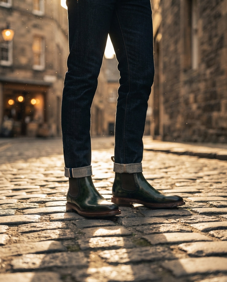 Height Increasing Green Patina Calf Tramontana Chelsea Boot with Natural Leather Sole - 3 Inch Hidden Heel – lifestyle