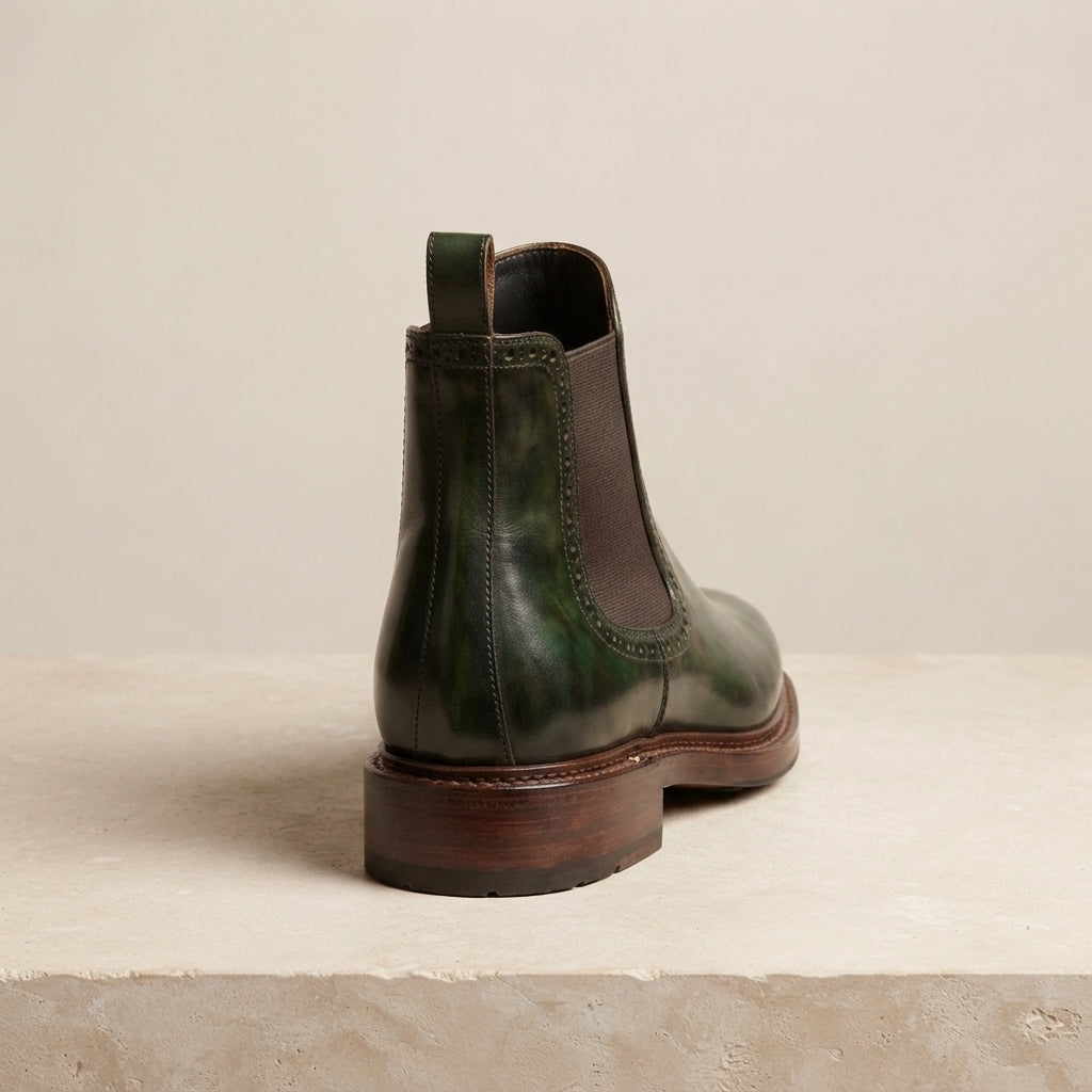 Green Patina Calf Tramontana Chelsea Boot with Natural Leather Sole – heel view