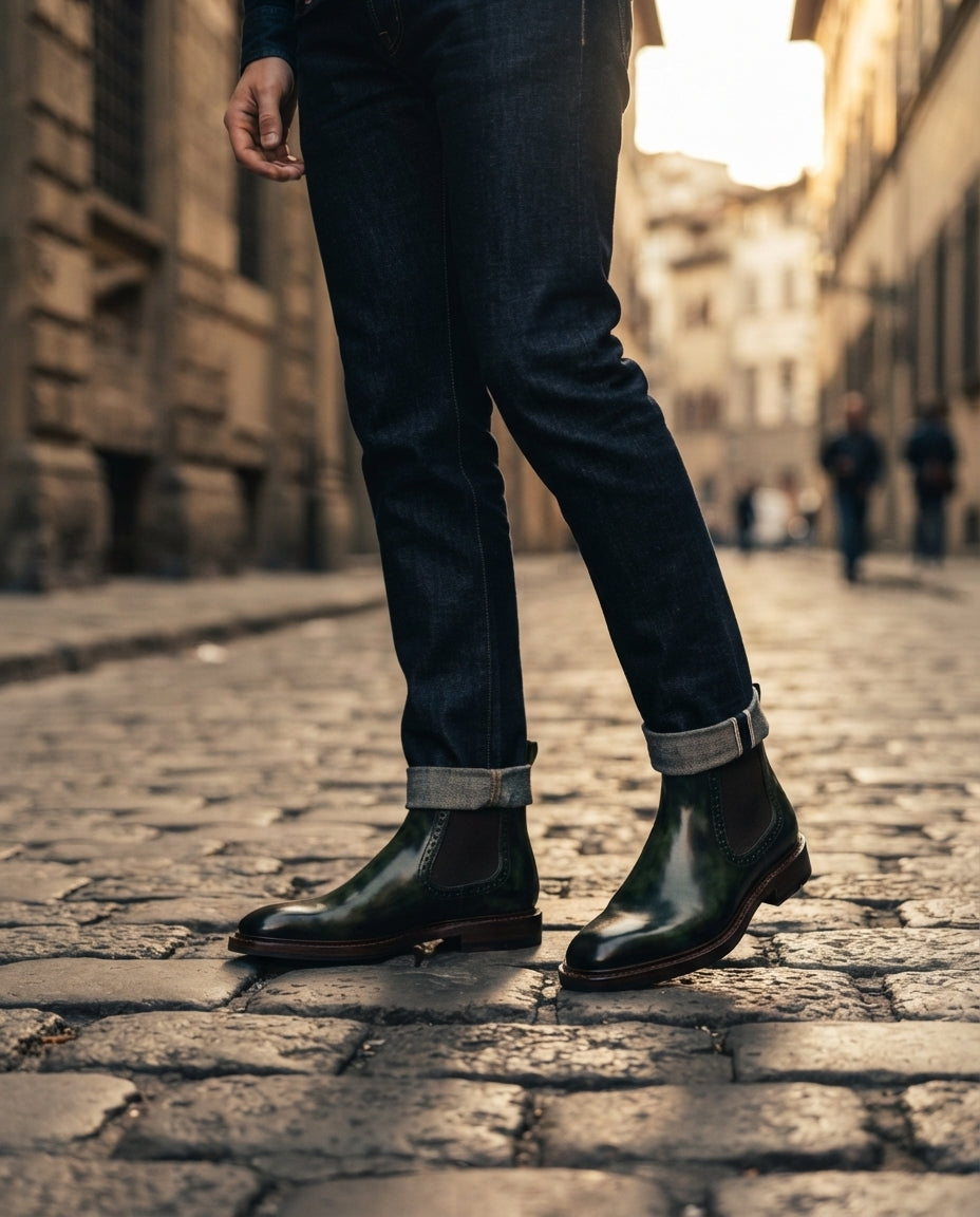 Green Patina Calf Tramontana Chelsea Boot with Natural Leather Sole – lifestyle