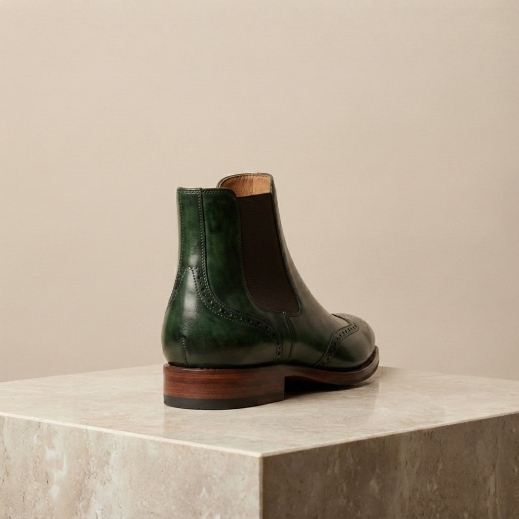 Height Increasing Green Patina Calf Tramontana Chelsea Boot with Natural Leather Sole - 3 Inch Hidden Heel – heel view
