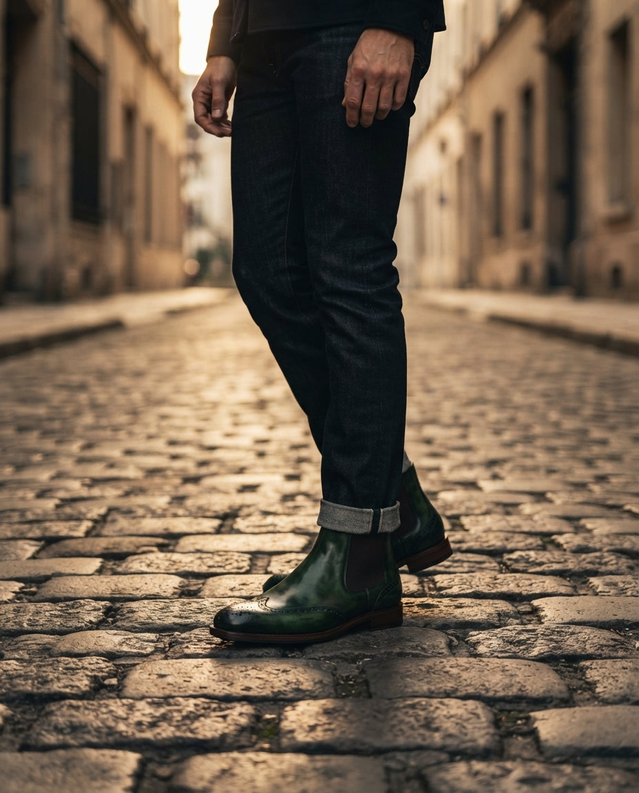 Height Increasing Green Patina Calf Tramontana Chelsea Boot with Natural Leather Sole - 3 Inch Hidden Heel – lifestyle
