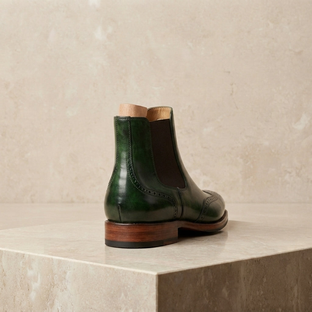 Green Patina Calf Tramontana Chelsea Boot with Natural Leather Sole – heel view