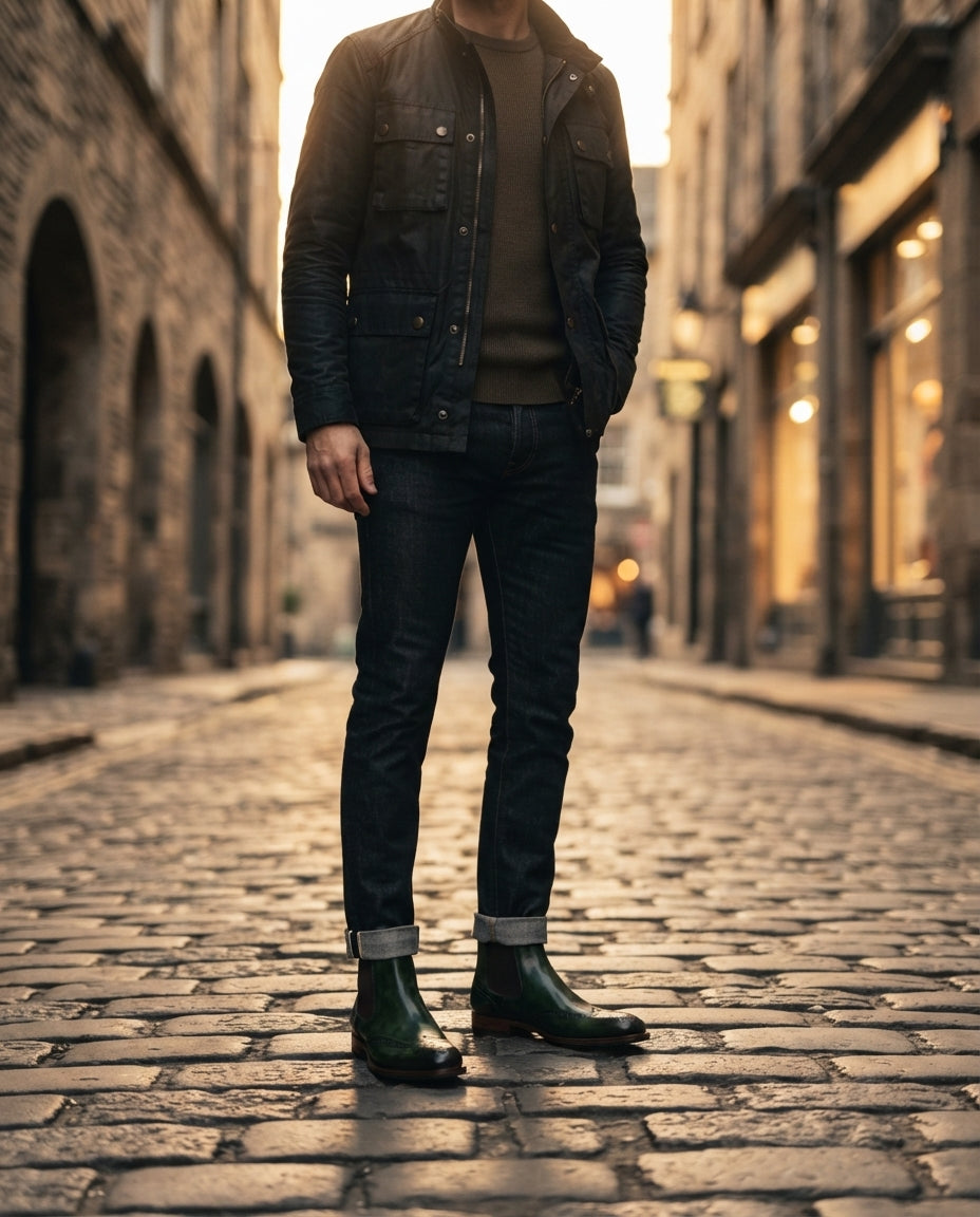 Green Patina Calf Tramontana Chelsea Boot with Natural Leather Sole – lifestyle
