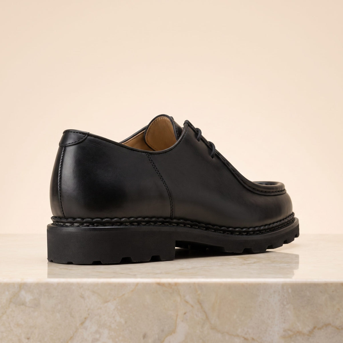 Black Leather Libeccio Apron Moc-Toe Derby – back view