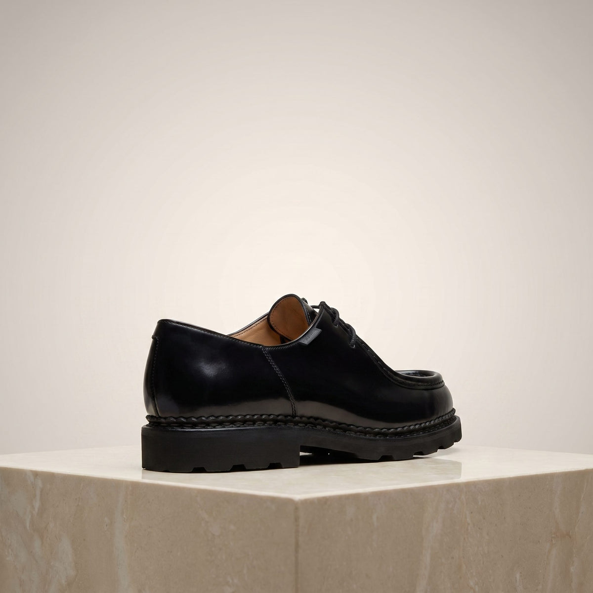 Height Increasing Black Patent Leather Scirocco Apron Moc-Toe Derby - 3 Inch Hidden Heel – back view