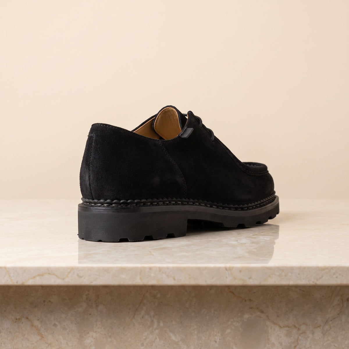Height Increasing Black Suede Tramontana Apron Moc-Toe Derby - 3 Inch Hidden Heel – back view