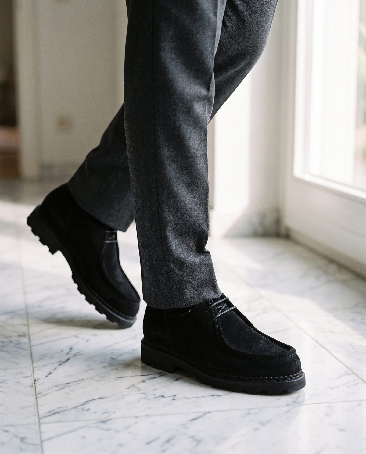 Black Suede Tramontana Apron Moc-Toe Derby – lifestyle