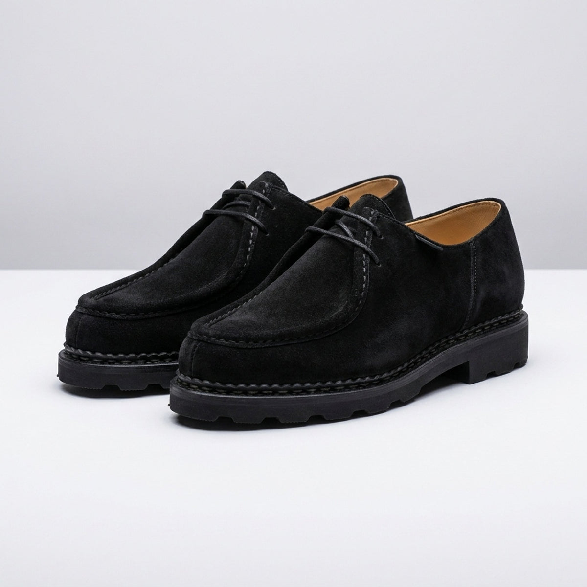 Height Increasing Black Suede Tramontana Apron Moc-Toe Derby - 3 Inch Hidden Heel