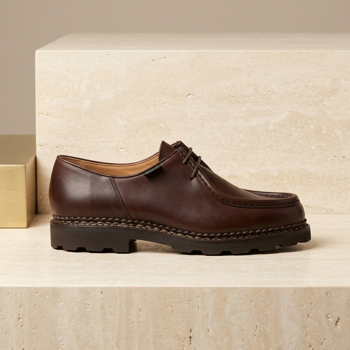 Height Increasing Brown Leather Grecale Apron Moc-Toe Derby - 3 Inch Hidden Heel