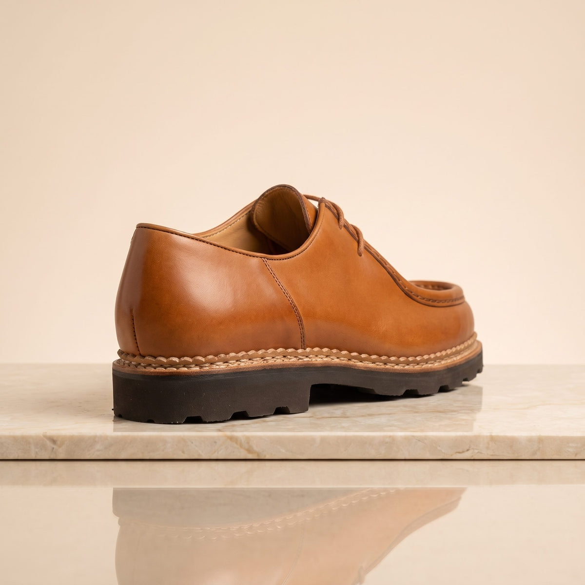 Height Increasing Tan Leather Ponente Apron Moc-Toe Derby - 3 Inch Hidden Heel – back view