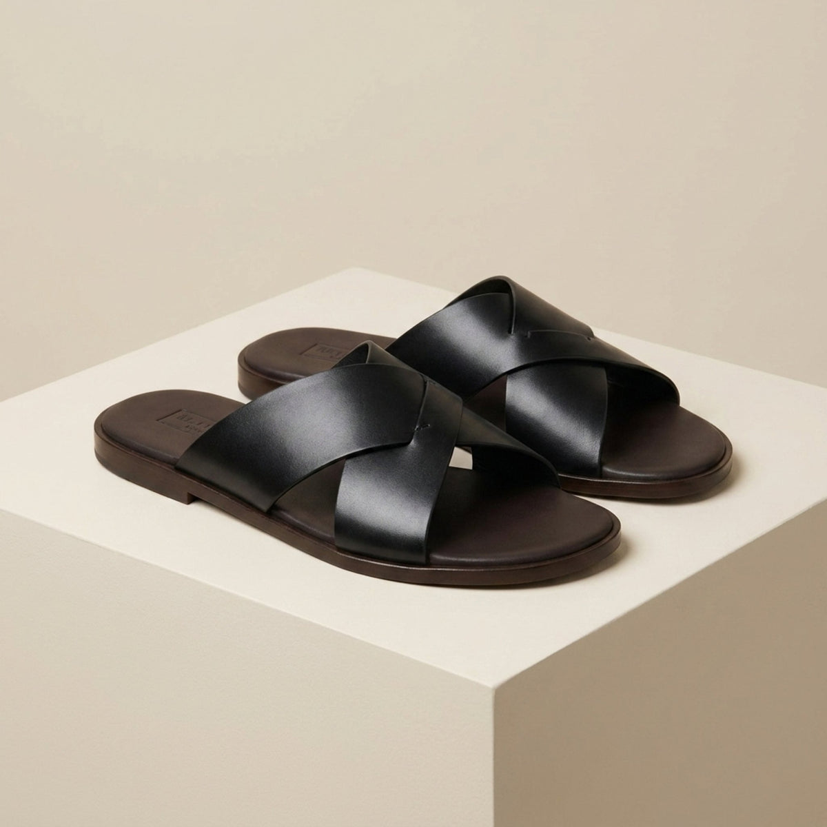 Black Leather Varenna Cross-Strap Slide Sandal