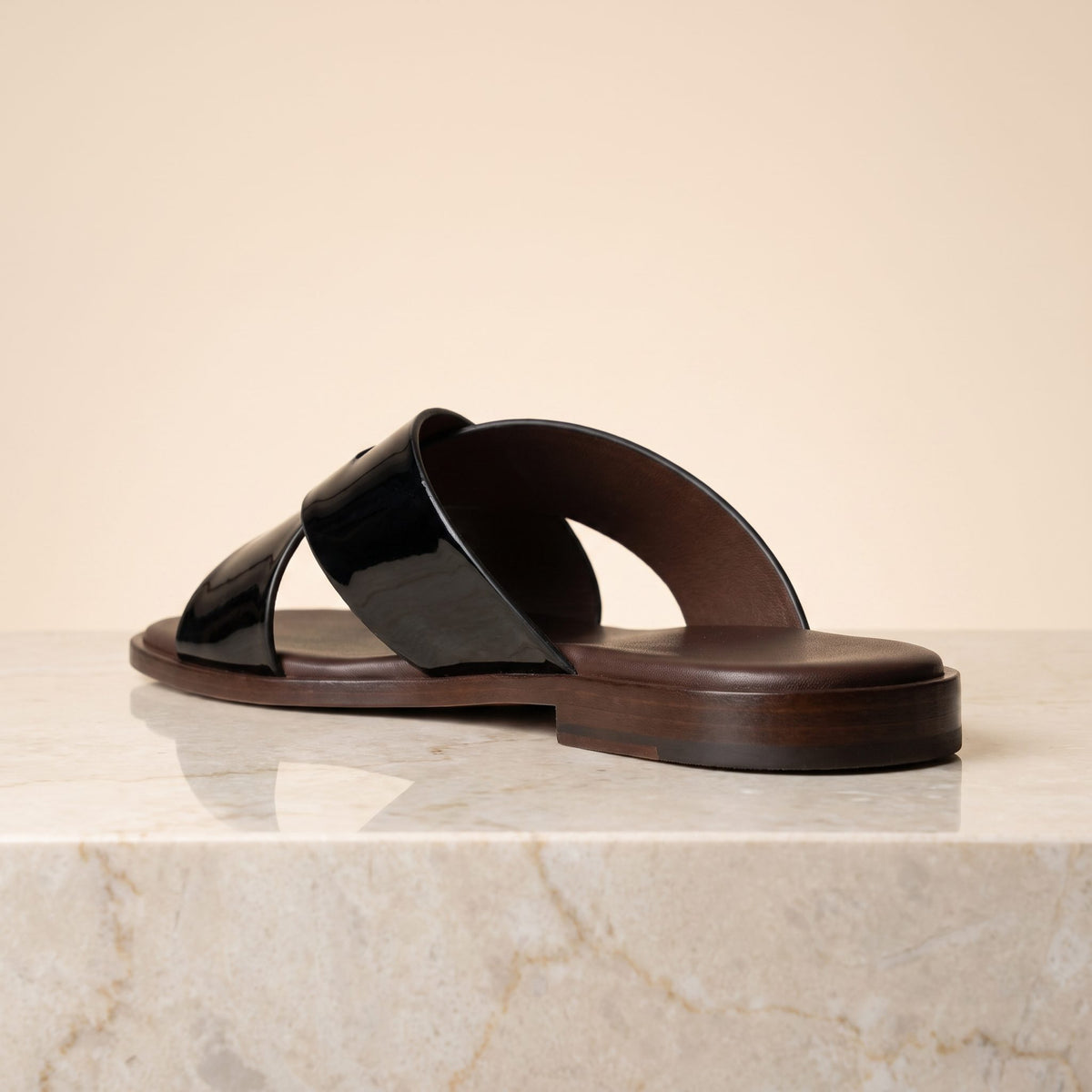 Black Patent Leather Bellagio Cross-Strap Slide Sandal – back view