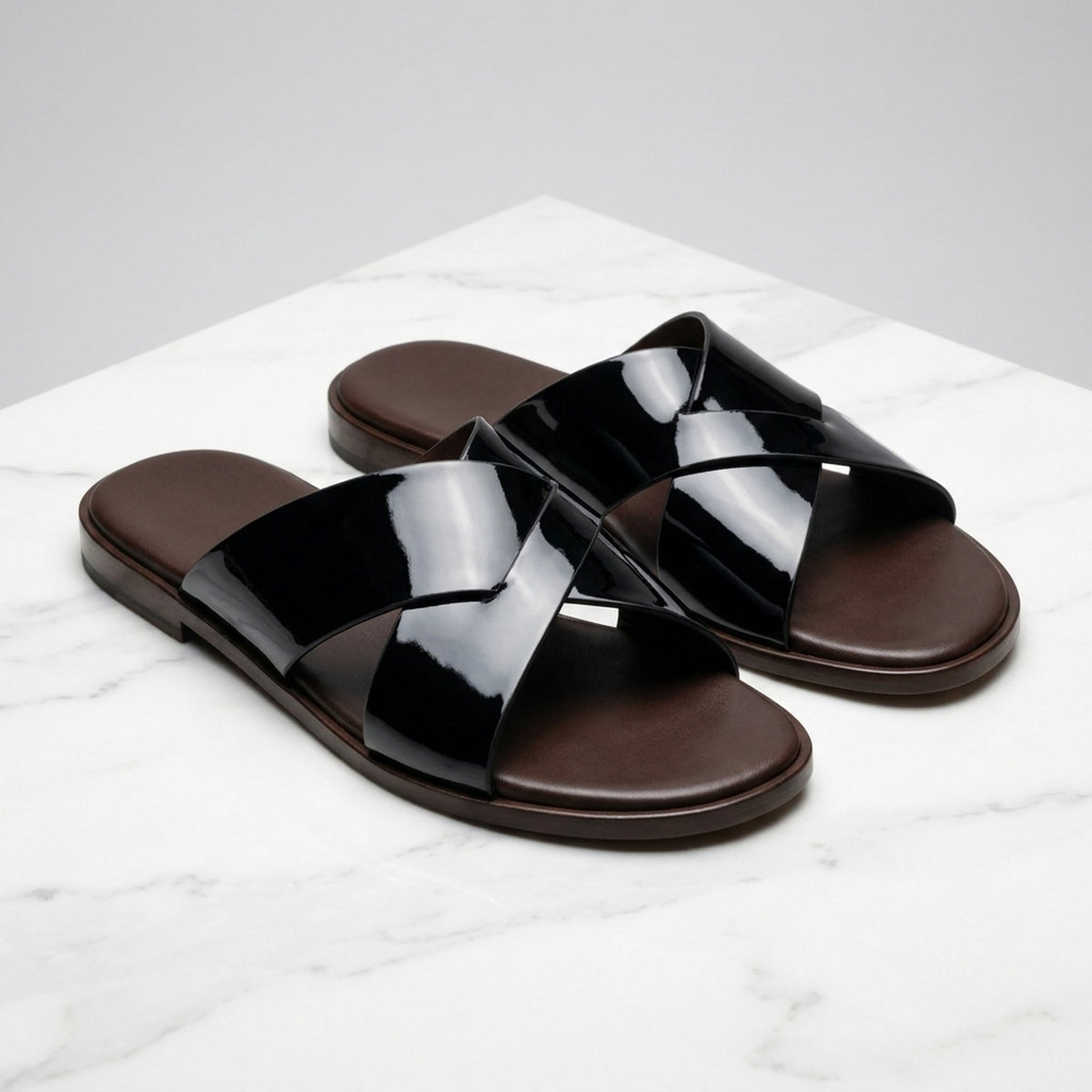 Black Patent Leather Bellagio Cross-Strap Slide Sandal
