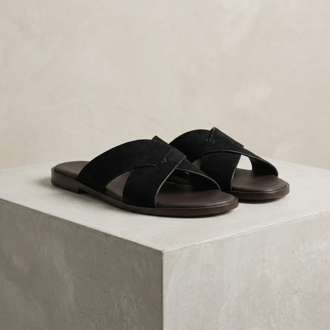 Black Suede Stresa Cross-Strap Slide Sandal