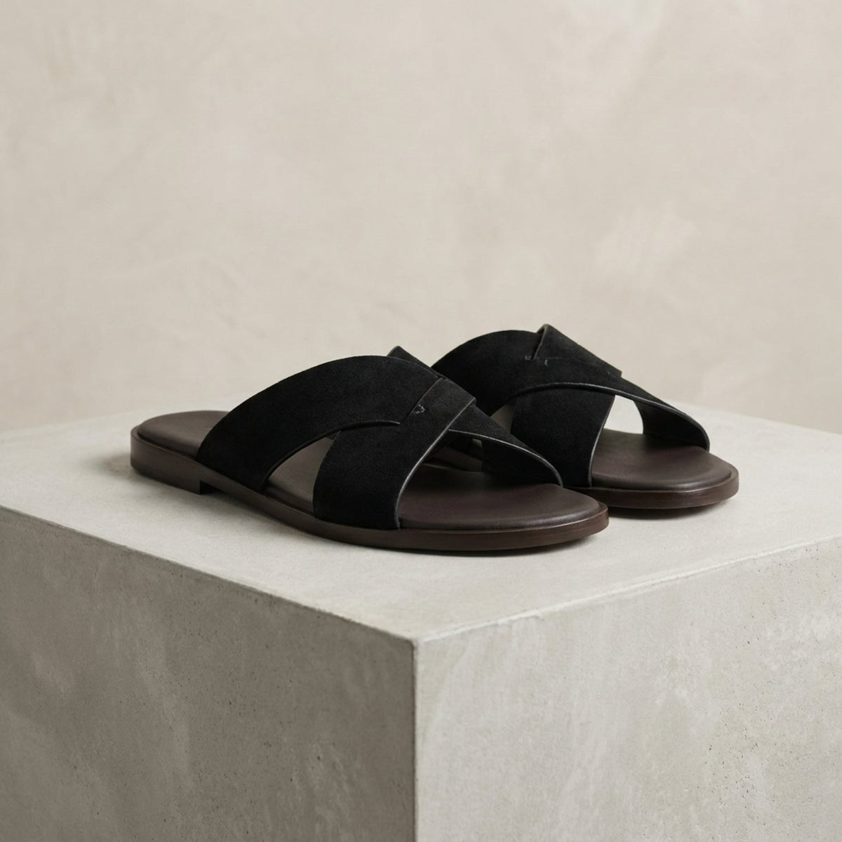 Black Suede Stresa Cross-Strap Slide Sandal