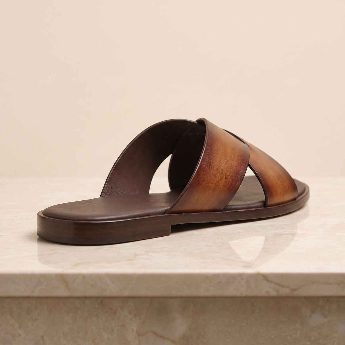 Brown Leather Bordighera Cross-Strap Slide Sandal – back view