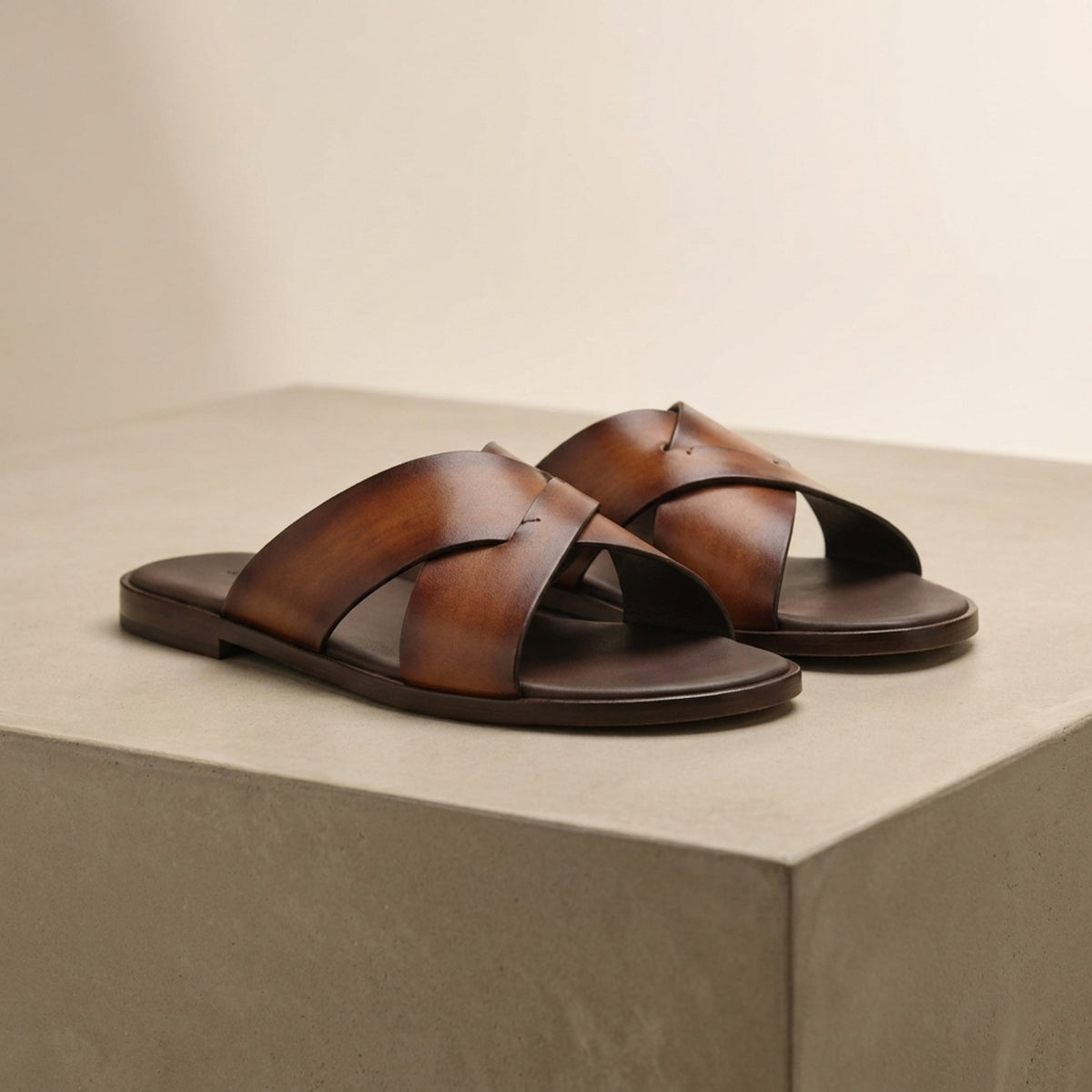 Brown Leather Bordighera Cross-Strap Slide Sandal