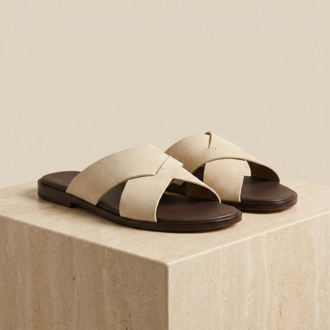 Cream Suede Cervo Cross-Strap Slide Sandal