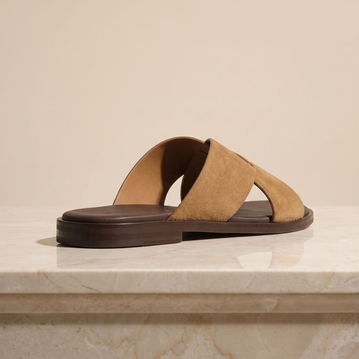 Tan Suede Aurelia Cross-Strap Slide Sandal – back view