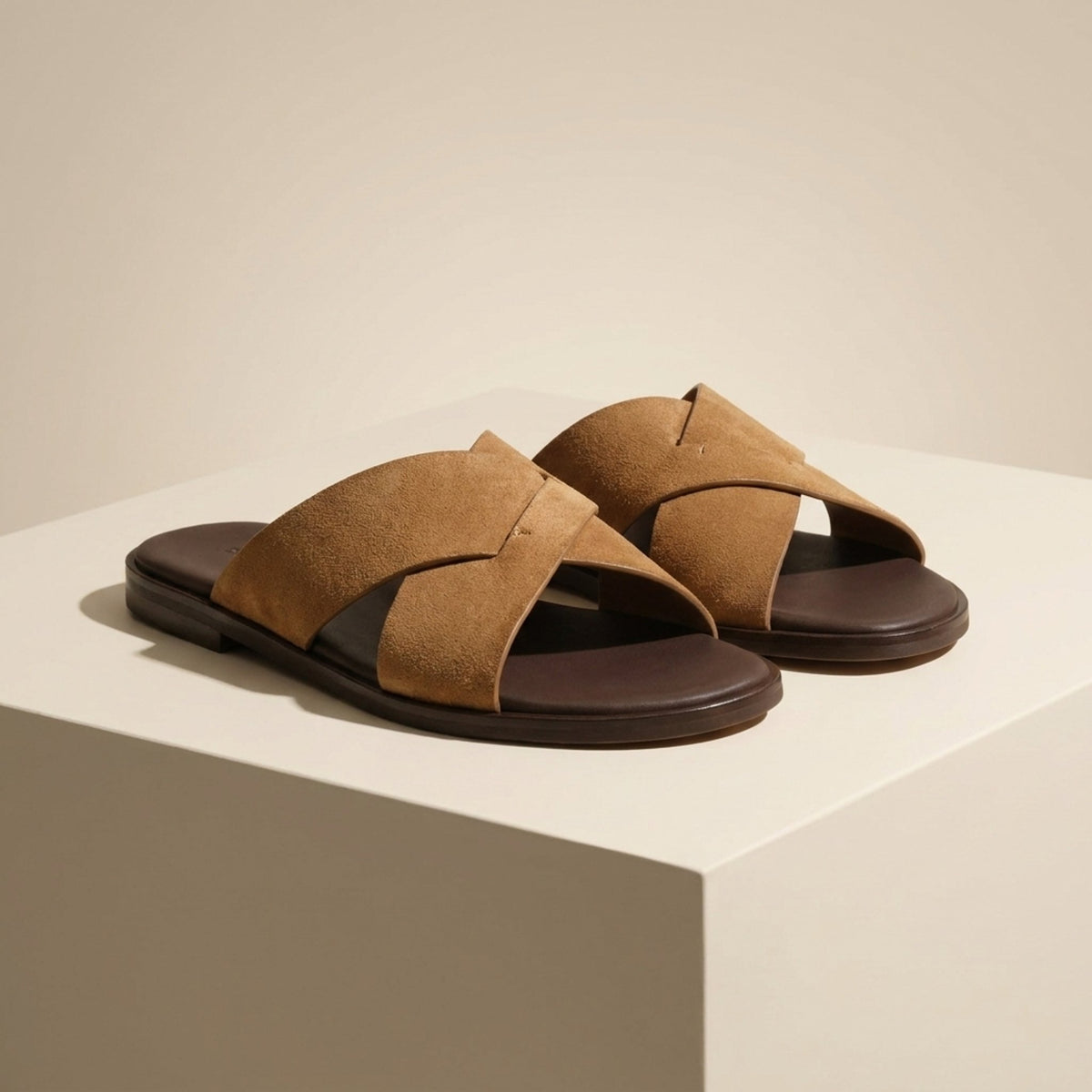 Tan Suede Aurelia Cross-Strap Slide Sandal