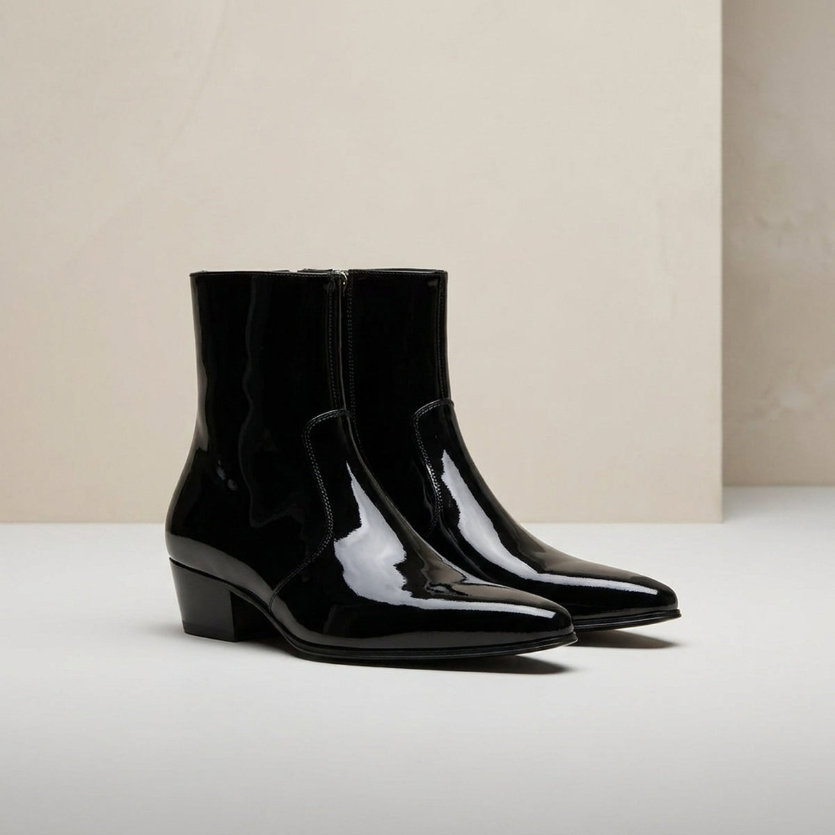 Height Increasing Black Patent Leather Flaminia Heeled Zip Boot - 3 Inch Hidden Heel