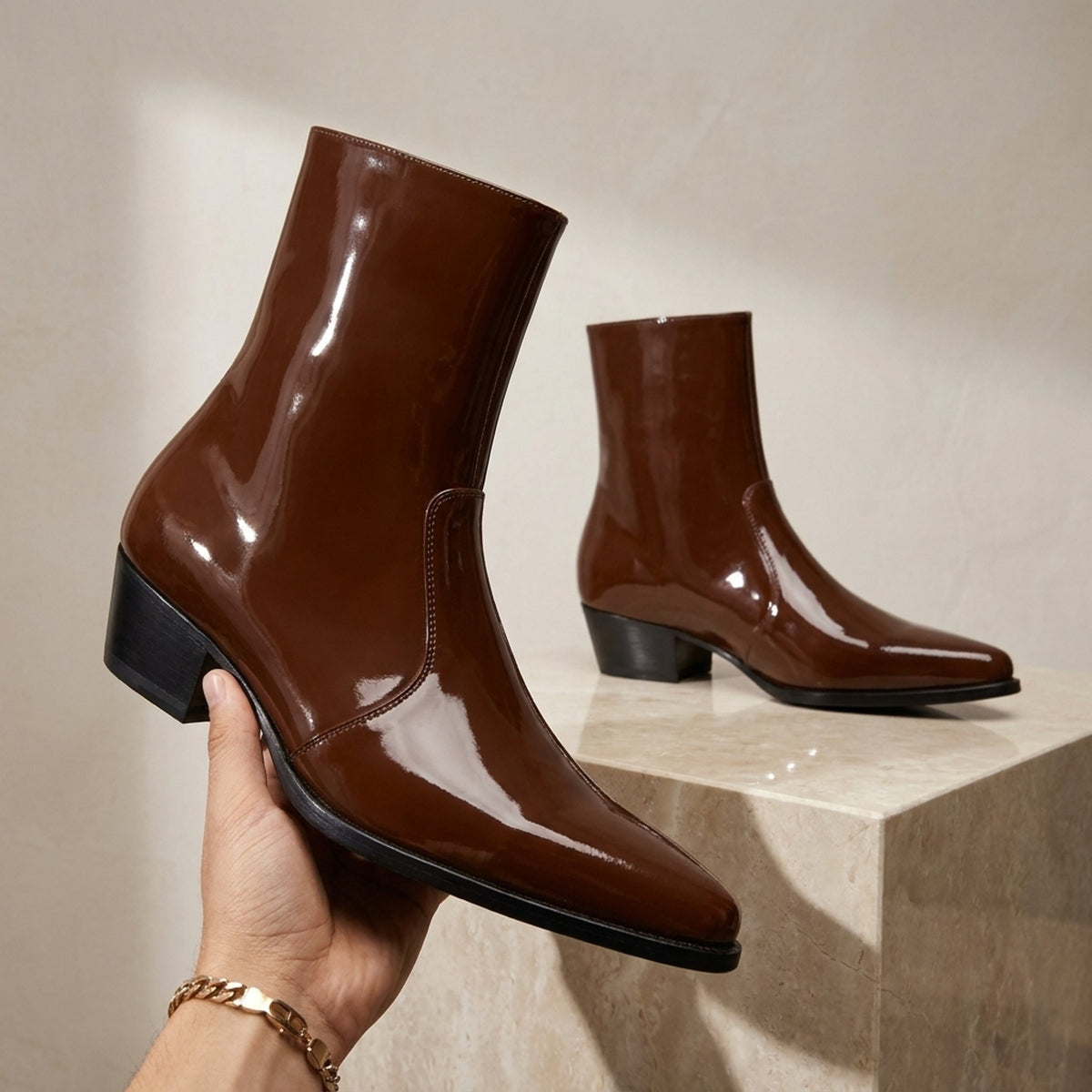 Height Increasing Brown Leather Salaria Heeled Zip Boot - 3 Inch Hidden Heel