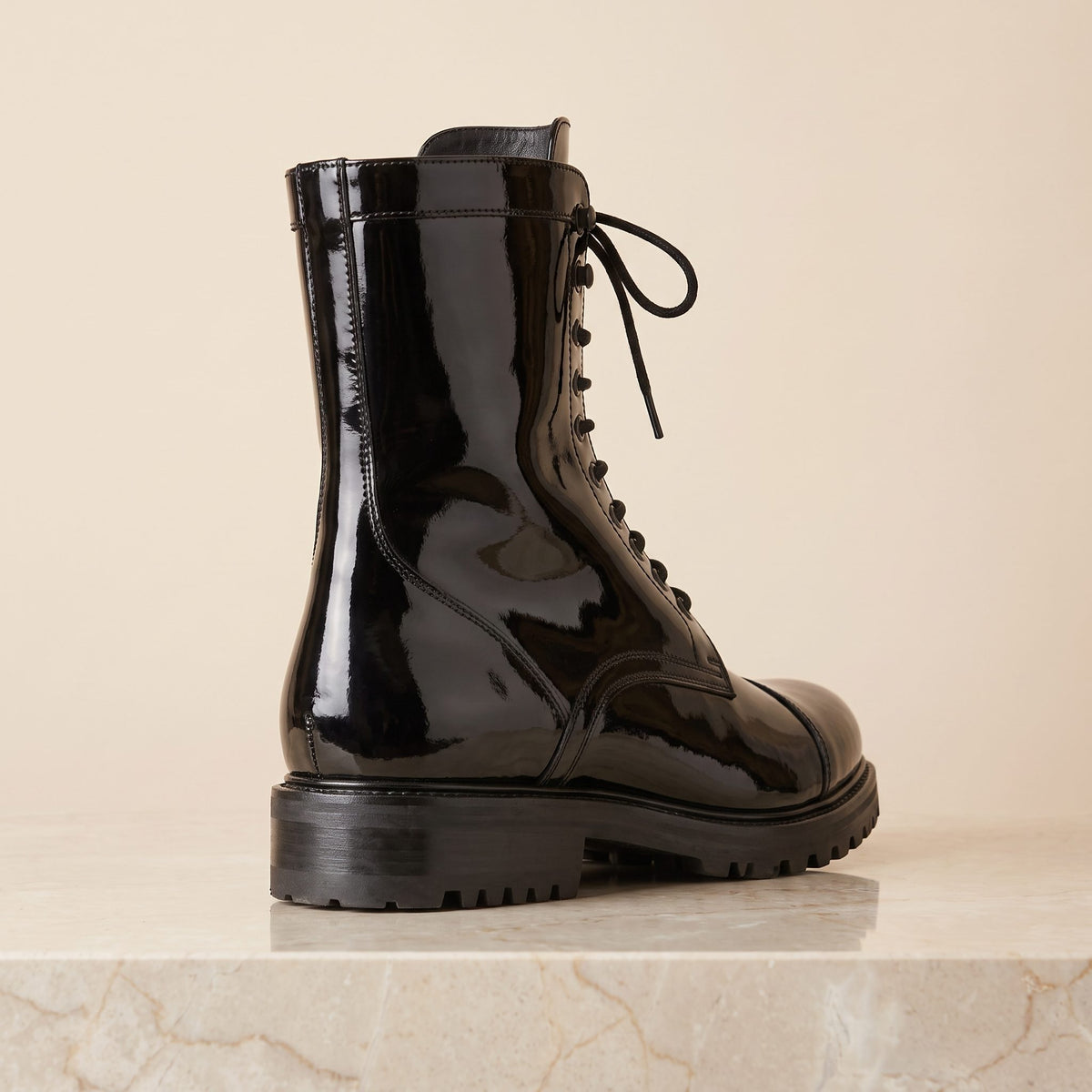 Black Patent Leather Etna Lace-Up Combat Boot – back view