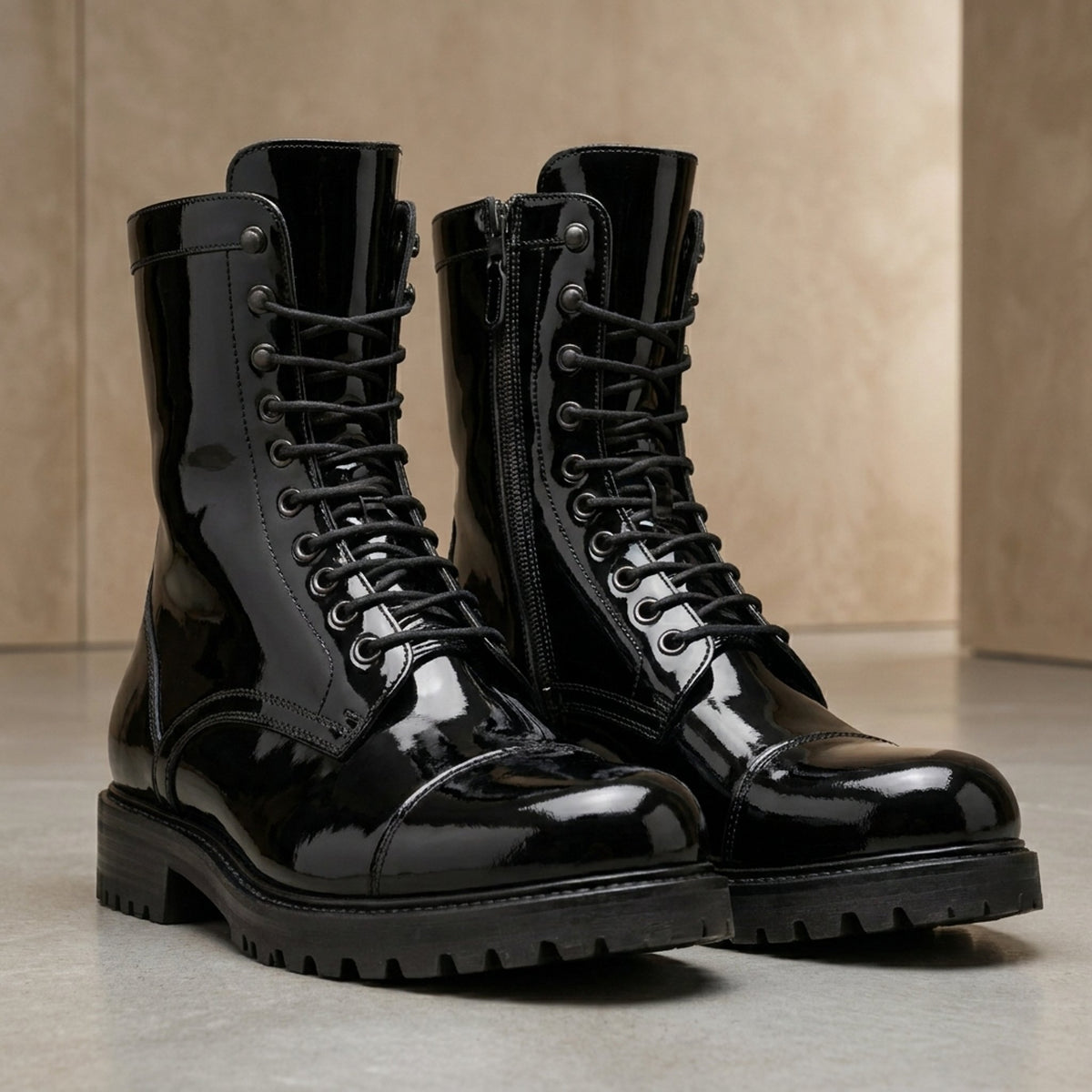 Black Patent Leather Etna Lace-Up Combat Boot