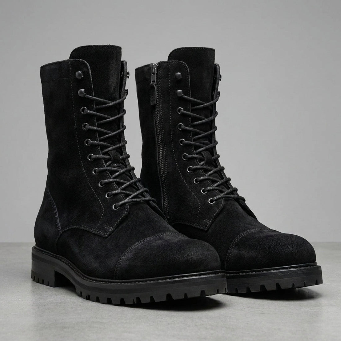 Height Increasing Black Suede Vesuvio Lace-Up Combat Boot - 3 Inch Hidden Heel