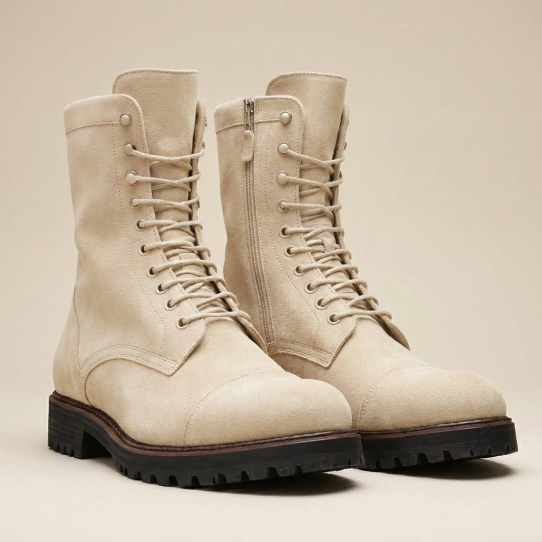 Height Increasing Cream Suede Pollino Lace-Up Combat Boot - 3 Inch Hidden Heel