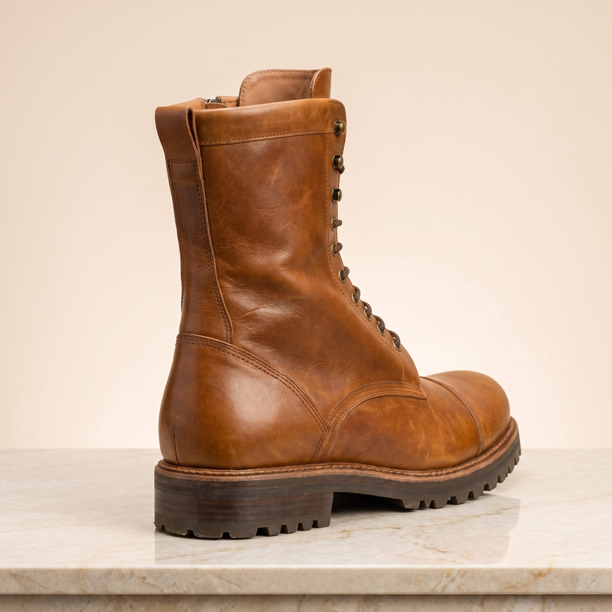 Tan Leather Monferrato Lace-Up Combat Boot – back view